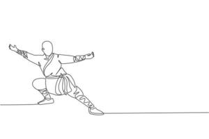 One continuous line drawing of young shaolin monk man practice kung fu style at temple ground . Traditional Chinese combative sport concept. Dynamic single line draw design vector graphic illustration