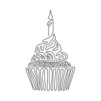 Continuous one line drawing yummy cupcake with candle. Sweet tasty cake. Delicious dessert for dinner. Snack in birthday party. Swirl curl style. Single line draw design vector graphic illustration