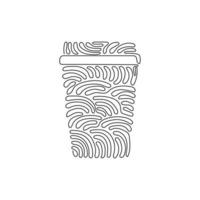 Single one line drawing disposable takeaway coffee cup. Cardboard coffee mug with plastic lid for cappuccino drink. Swirl curl style. Modern continuous line draw design graphic vector illustration