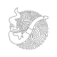 Single continuous line drawing smoking pipe with smoke. Tobacco pipe isolated. Tube for smoking tobacco. Swirl curl circle background style. Dynamic one line draw graphic design vector illustration