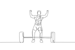 One continuous line drawing of young bodybuilder man doing exercise with a heavy weight bar in gym. Powerlifter train weightlifting concept. Dynamic single line draw design graphic vector illustration