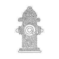 Single continuous line drawing closeup of traditional red fire hydrant. Tool used by firefighters for extinguishing flames. Swirl curl style. Dynamic one line draw graphic design vector illustration