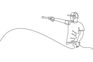 One single line drawing of young man practicing to shot target in range on shooting training ground vector illustration graphic. Clay pigeon shooting sport concept. Modern continuous line draw design