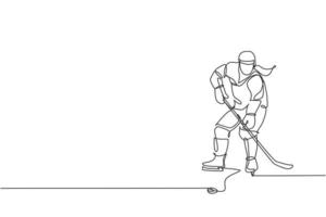 One single line drawing of young ice hockey player in action to play a competitive game on ice rink stadium graphic vector illustration. Sport tournament concept. Modern continuous line draw design