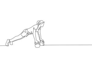 One continuous line drawing of young sporty woman working out push up with kettlebell in fitness gym club center. Healthy fitness sport concept. Dynamic single line draw design vector illustration