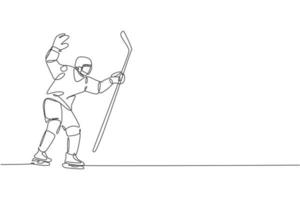 One continuous line drawing of young professional ice hockey goalie exercising to block puck shot on ice rink stadium. Health extreme sport concept. Dynamic single line draw design vector illustration