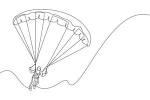 un dibujo de línea continua de un joven valiente que vuela en el cielo usando un paracaídas de parapente. concepto de deporte extremo peligroso al aire libre. Ilustración gráfica de vector de diseño de dibujo de línea única dinámica