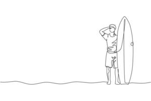una línea continua dibujando a un joven surfista turista feliz sosteniendo una tabla de surf en la playa de arena. concepto de deporte acuático extremo saludable. vacaciones de verano. Ilustración de vector de diseño gráfico de dibujo de línea única dinámica