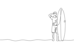 One continuous line drawing young happy tourist surfer holding surfboard at sandy beach. Healthy extreme watersport concept. Summer holiday. Dynamic single line draw graphic design vector illustration