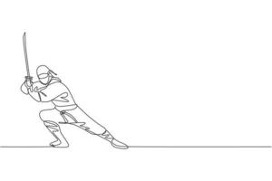 Single continuous line drawing of young Japanese culture ninja warrior on mask costume with attacking stance pose. Martial art fighting samurai concept. Trendy one line draw design vector illustration