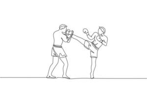 One single line drawing of young energetic man kickboxer practice with personal trainer in boxing arena graphic vector illustration. Healthy lifestyle sport concept. Modern continuous line draw design