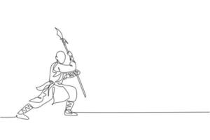One single line drawing of young energetic shaolin monk man exercise fighting with spear at temple vector illustration. Ancient Chinese martial art sport concept. Modern continuous line draw design