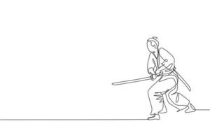 un dibujo de una sola línea de un joven guerrero samurái japonés sosteniendo una espada katana practicando en el centro del dojo ilustración vectorial gráfica. concepto de arte marcial combativo. diseño moderno de dibujo de línea continua vector