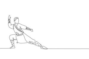 One single line drawing young energetic shaolin monk man exercise kung fu fighting at temple vector graphic illustration. Ancient Chinese martial art sport concept. Modern continuous line draw design