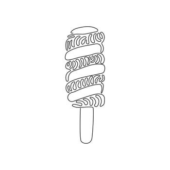 Single one line drawing tasty popsicle twisted ice cream. Stick lolly ice-cream. Delicious cold summer desserts. Swirl curl style. Modern continuous line draw design graphic vector illustration