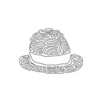 Single one line drawing fedora hat, side view, with tan leather band, indented crown and brims snapped up. Men head accessory. Swirl curl style. Continuous line draw design graphic vector illustration