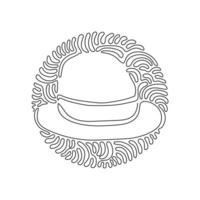 Single one line drawing fedora hat, side view, with tan leather band. Wool, felt fabric. Men head accessory. Swirl curl circle background style. Continuous line draw design graphic vector illustration