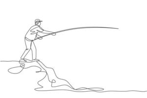 One continuous line drawing of young fisherman happy standing and fishing on a side lake land hill. Fishing leisure hobby vacation concept. Dynamic single line draw design graphic vector illustration