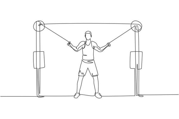 One single line drawing of young energetic man exercise with cross over cable in gym fitness center vector illustration graphic. Healthy lifestyle sport concept. Modern continuous line draw design