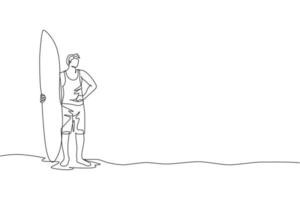 un dibujo de una sola línea de un joven surfista deportivo de pie y sosteniendo una larga tabla de surf en la ilustración vectorial gráfica de la playa de arena. concepto de deporte acuático extremo. diseño moderno de dibujo de línea continua vector