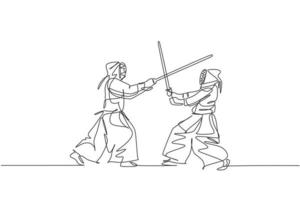 One single line drawing of two young energetic men exercise sparring fight kendo with wooden sword at gym center vector illustration. Combative fight sport concept. Modern continuous line draw design