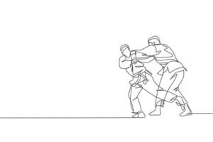 One single line drawing of two young energetic judokas fighter men battle fighting at gym center vector graphic illustration. Martial art sport competition concept. Modern continuous line draw design