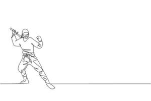 un dibujo de una sola línea de un joven ninja tradicional japonés enérgico sosteniendo una espada samurái en la ilustración vectorial de la pose de ataque. concepto de deporte de artes marciales combativas. diseño moderno de dibujo de línea continua vector