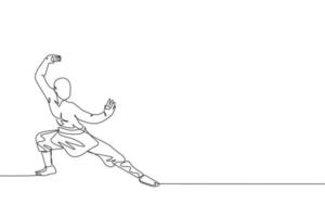 One continuous line drawing of young shaolin monk man practice kung fu style at temple ground . Traditional Chinese combative sport concept. Dynamic single line draw design graphic vector illustration