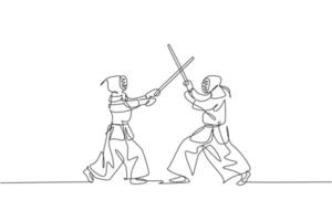 One continuous line drawing of two young sporty man training kendo spare fighting skill in dojo center. Healthy martial art sport concept. Dynamic single line draw design graphic vector illustration