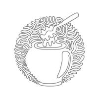 Single one line drawing glass pot full of honey and wooden honey dipper. Healthy food supplement for body. Swirl curl circle background style. Continuous line draw design graphic vector illustration