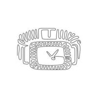 Single continuous line drawing woman watch, gold and white color, with diamonds and rhinestones, gold bracelet. Luxury watch. Swirl curl style. Dynamic one line draw graphic design vector illustration