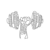 Continuous one line drawing athletic sportsman arm holding dumbbell. Fitness workout. Barbell and strong hand fist. Swirl curl style. Power lifting. Single line draw design vector graphic illustration