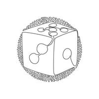 Continuous one line drawing dice. Dice with white dots. Dice cube, casino game. Stay home for hobby time. Swirl curl circle background style. Single line draw design vector graphic illustration