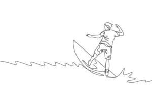 One single line drawing of young sporty surfer man riding on big waves in surfing beach paradise vector graphic illustration. Extreme water sport lifestyle concept. Modern continuous line draw design