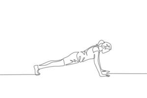 un dibujo continuo de una mujer joven entrenando haciendo push up en el gimnasio de entrenamiento físico. concepto de estilo de vida deportivo saludable. estirar y hacer ejercicio. Ilustración de vector de diseño de dibujo de línea única dinámica