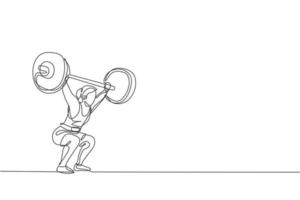 One single line drawing of fit young athlete muscular woman lifting barbells working out at a gym vector illustration. Weightlifter preparing for training concept. Modern continuous line draw design