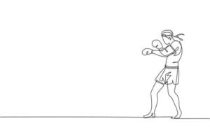 un dibujo de una sola línea de un joven y enérgico luchador de muay thai haciendo ejercicio en el gimnasio fitness centro gráfico ilustración vectorial. concepto de deporte de boxeo tailandés combativo. diseño moderno de dibujo de línea continua vector