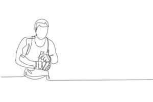 One continuous line drawing of young sporty man kickboxer athlete wrap a strap bandage to prepare a fighting at gym center. Combative sport concept. Dynamic single line draw design vector illustration