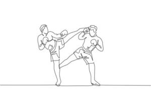 One single line drawing of young energetic man kickboxer practice sparring combat with partner in boxing arena vector illustration. Healthy lifestyle sport concept. Modern continuous line draw design