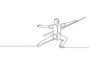 Single continuous line drawing of young man wushu fighter, kung fu master in uniform training with long staff at dojo center. Fighting contest concept. Trendy one line draw design vector illustration