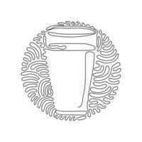 Continuous one line drawing soft drink in glass. Cold soda to crave for refreshing feeling. Drink to quench thirst. Swirl curl circle background style. Single line design vector graphic illustration