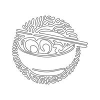 Single one line drawing Japanese food ramen noodles with various toppings in bowl. Traditional Asian noodle soup. Swirl curl circle background style. Modern continuous line draw design graphic vector