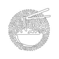 Single continuous line drawing noodle in bowl. Asian ramen, traditional Chinese restaurant with pasta and chopsticks. Swirl curl circle background style. One line graphic design vector illustration