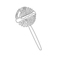 Single continuous line drawing sweet lollipops. Round candy on stick. Colored sugar candies for dessert. Kids favorite snack. Swirl curl style. Dynamic one line draw graphic design vector illustration