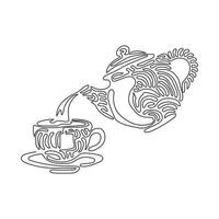 Single continuous line drawing teapot for tea drinking pours hot water into cup. Breakfast utensils. Black and white vector. Swirl curl style. Dynamic one line draw graphic design vector illustration
