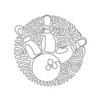 Continuous one line drawing Bowling ball and pins. Sports equipment. Bowling ball crashing into pins. Bowling ball striking pins. Swirl curl circle background style. Single line draw design vector