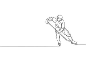 un dibujo de línea continua de un joven jugador profesional de hockey sobre hielo haciendo ejercicio y practicando en un estadio de pista de hielo. concepto de deporte extremo saludable. Ilustración de vector de diseño de dibujo de línea única dinámica