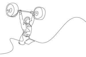 Single continuous line drawing of young strong weightlifter man preparing for barbell workout in gym. Weight lifting training concept. Trendy one line draw design graphic vector illustration