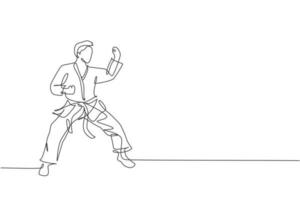 One continuous line drawing of young talented karateka man train pose for duel fighting at dojo gym center. Mastering martial art sport concept. Dynamic single line draw design vector illustration