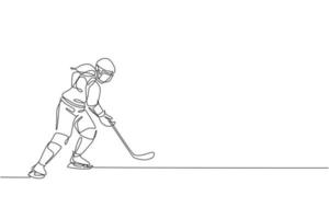 One continuous line drawing of young professional ice hockey player exercising and practicing on ice rink stadium. Healthy extreme sport concept. Dynamic single line draw design vector illustration